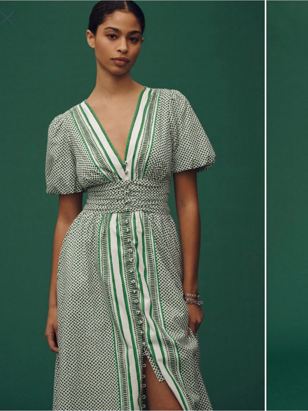 Anthropologie White & Green V-Neck Smocked Midi Dress